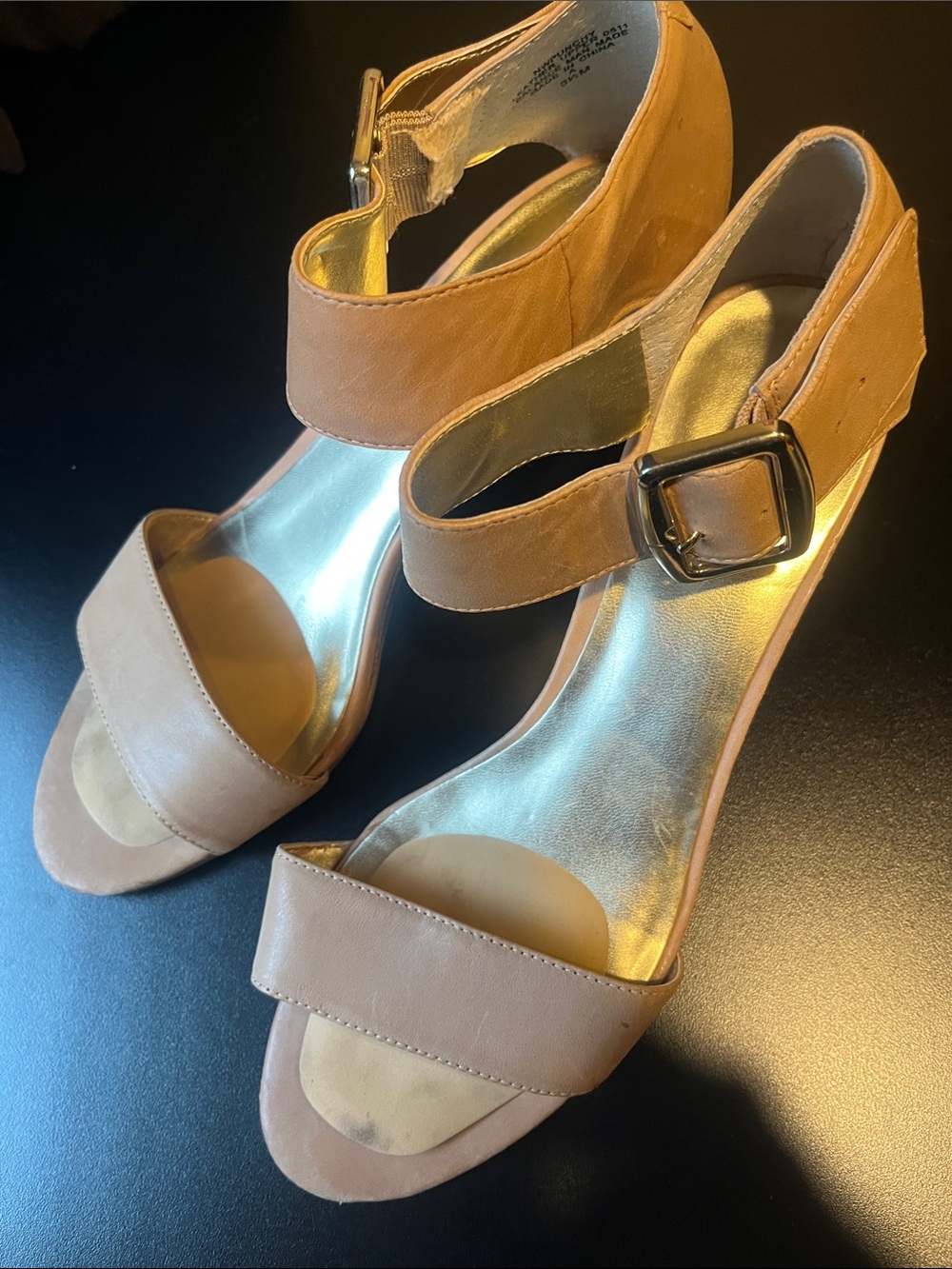 Nine West Tan Open-Toe Ankle-Strap Block wedge Heels